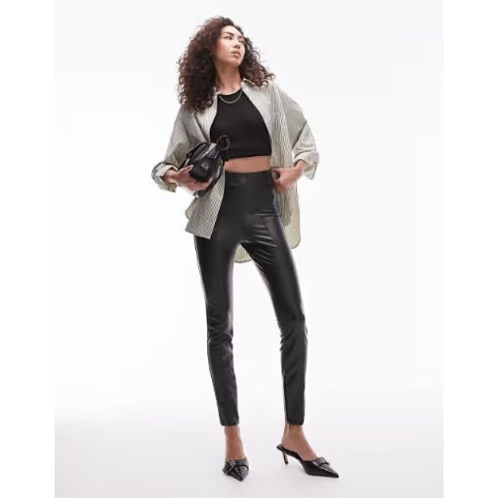 Topshop‎ Black Faux Leather Side Zip Ankle Legging Pants 4